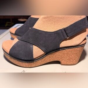 Clarks Dark Gray Suede Cork Wedge Sandals